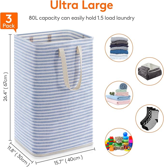 Lifewit 3 Pack Laundry Hamper Large Collapsible Laundry Baskets, Freestanding Waterproof Clothes Hamper with Easy Carry Handles in Laundry Room Bedroom Bathroom College Dorm, Blue, 3 x 80L