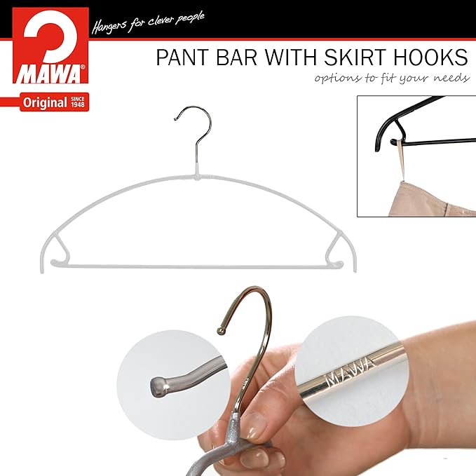 Mawa by Reston Lloyd Euro Ultra Light/Thin Series, Non-Slip Space Saving Clothes Hanger with Bar & Hook for Pants and Skirts, Style 42/PTU, Set of 130, White