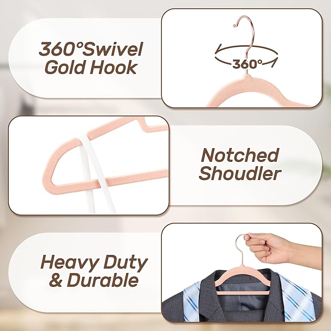 Velvet Hangers 30 Pack with Rose Gold Hooks, Non-Slip, Space Saving & Heavy Duty Slim Flocked Hangers for Clothes, Dresses, Suits, Coats & Pants(Pink)