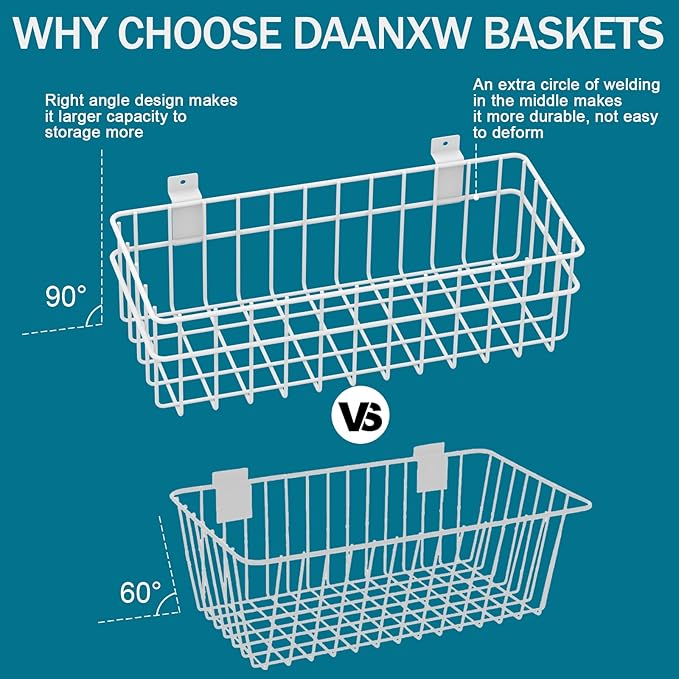 4 Pack Large Slatwall Baskets Set, Ventilated Metal Hanging Storage Slat Wall Basket, Mounted Slatwall Accessories for Garage Storage Organizing Display on Slatwall Panels bins (White)