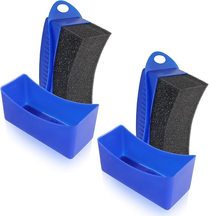 2Pcs Tire Dressing Applicators,Tire Shine Applicator Pads,Reusable Tire Dressing Sponge Pad Car Tire Applicator Pads with Lid for Car Glass, Painted Steel & Porcelain (Blue, Curved