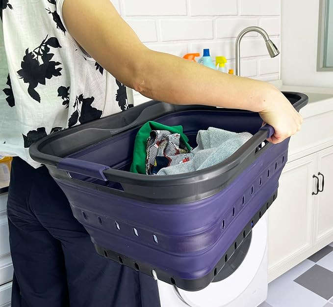 SAMMART 42 (11 Gallons) Collapsible Plastic Laundry Basket, Foldable Pop Up Storage Container/Organizer, Space Saving Hamper, Portable Bin for Dorm Room Bathroom (1, Black/Dark Purple)