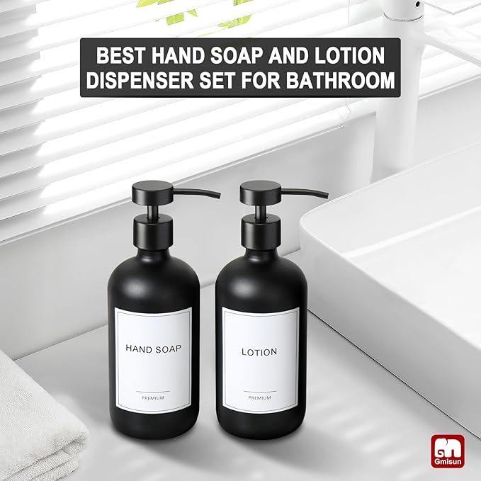 GMISUN Black Soap Dispenser, 2 Pack Matte Black Hand Soap Dispensers for Bathroom, 17 Fl Oz Glass Dish Soap Dispenser for Kitchen with Stainless Steel Pump, Modern Liquid Soap Bottle Set