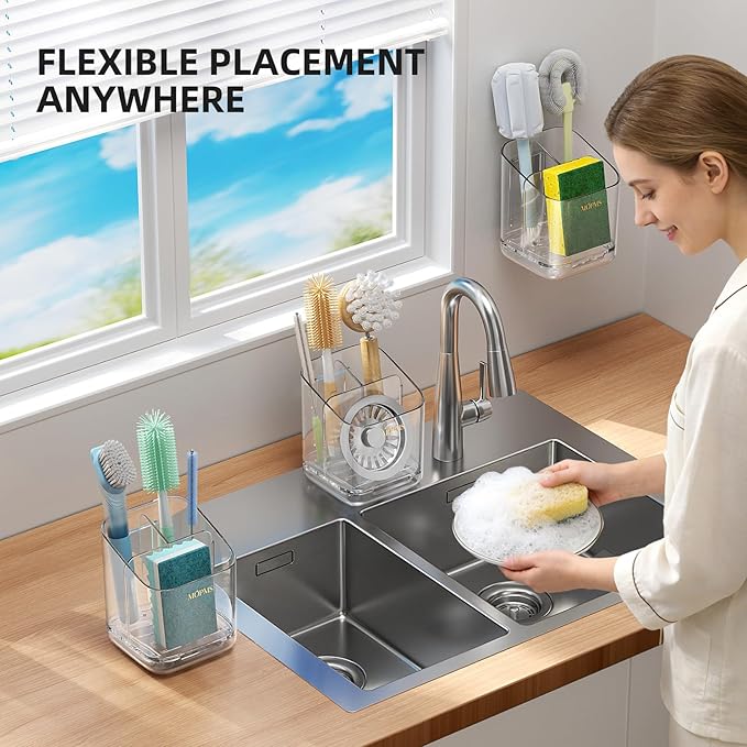 Minimalist Sponge Holder for Kitchen Sink, 3 Slots Sink Caddy with Removable Divider and Drip Tray, Clear PET Countertop Organizer to Free up Kitchen Sink Space