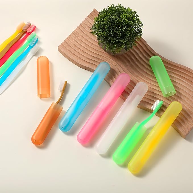 LemonRoad 40 Pcs Travel Toothbrush Holder Sets 20 Disposable Toothbrush Individually Wrapped 20 Portable Tooth Brush Case Covers with Ventilation Holes for Travel, Home, Camping, Hotel(Candy)