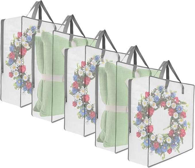 5 Pack Moving Bags, Wreath Storage Bag, Garland Container, Clear Storage Bags with Handles and Zippers Moving Bag for College Carrying, Bedding, Toys Organizer, Under the Bed Storage