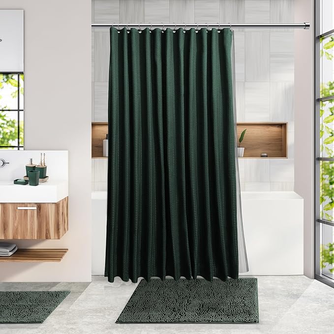 Clara Clark Bathroom Accessories Set - Bathroom Set, Bathroom Accessory Set, Shower Curtain Set, Toilet Brush, Trash Can & Soap Dispenser - Green - 20PC