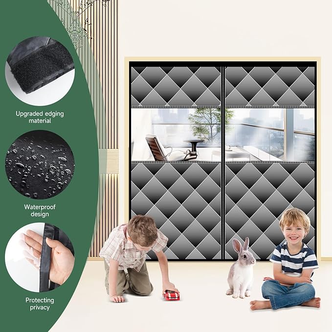 Magnetic Thermal Insulated Door Curtain with Visible Windows, Thicken Polyester Fiberfill & Durable Oxford Fabric, Hands Free Windproof Door Screen, Fit Doors Size Up to 72 x 80 Inch, Black
