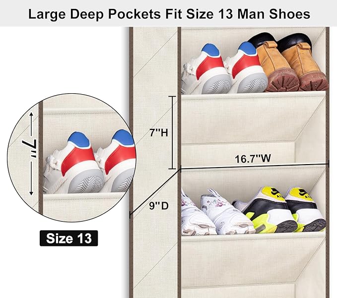 SLEEPING LAMB Shoe Rack for Door, Kids Door Shoe Organizer for Closet hanger, Narrow Hanging Sneaker Storage with Large Deep Pockets for Toddler, Girl, Baby Room Decor, Beige