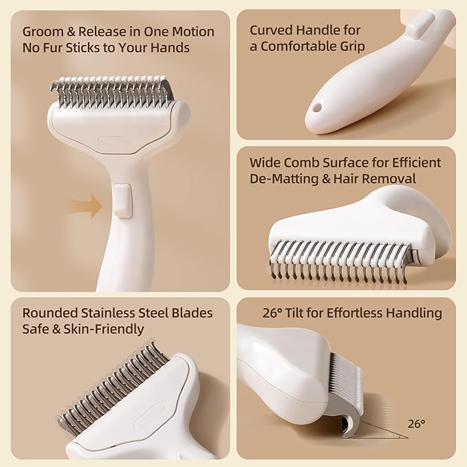 Pet Grooming Combo Tool for Cats and Dogs, Deshedding and Dematting Rake with Metal Comb forDetangling Long, Matted Fur (White)