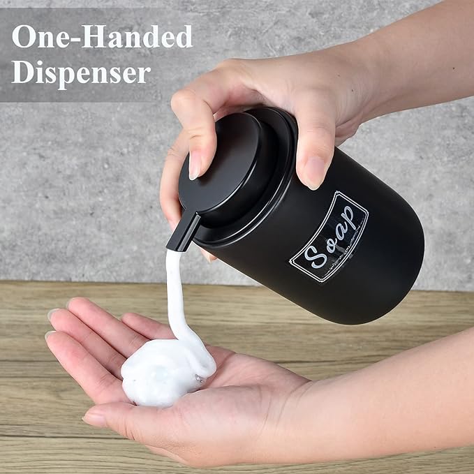BosilunLife Foaming Soap Dispenser Set - Black Ceramic Foam Hand Dispenser 12oz Soap Dispenser Set with Rust Proof Pump, 4Pcs Clear Stickers for Kitchen, Bathroom - 2 Pack