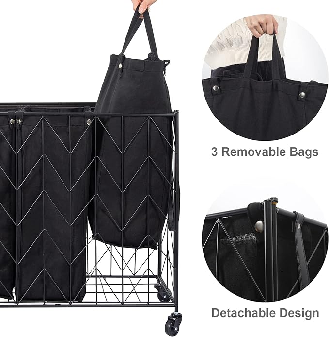 WOWLIVE Laundry Basket with Wheels, 142L Hamper 3 Section with Lid, Dirty Clothes Hamper with Removable Bags, Large Capacity Iron-Made Organizer Laundry Sorter for Dorm, Black
