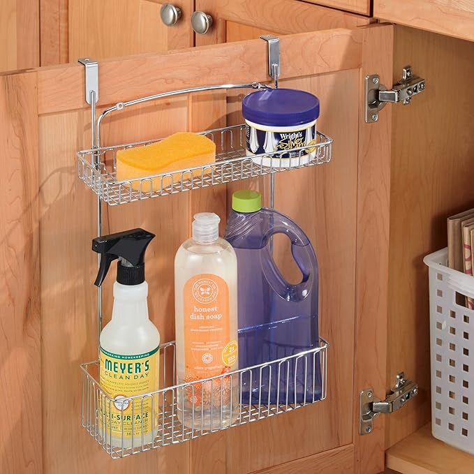 mDesign Over Cabinet Kitchen Storage Unit - Practical Organiser with Stainless Steel Storage Baskets - Hanging Cupboard Organiser for Cleaning Supplies and Cookware - Chrome