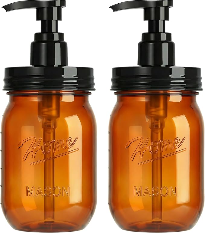 Amolliar Plastic Mason Jar Soap Dispenser with Pump Lid,16OZ Refillable Hand Soap Dispenser Set with Cute Lables - Farmhouse Decor for Kitchen Bathroom, Liquid Soap, Dish Soap, Lotion (2 Pack, Amber)