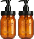 Amolliar Plastic Mason Jar Soap Dispenser with Pump Lid,16OZ Refillable Hand Soap Dispenser Set with Cute Lables - Farmhouse Decor for Kitchen Bathroom, Liquid Soap, Dish Soap, Lotion (2 Pack, Amber)