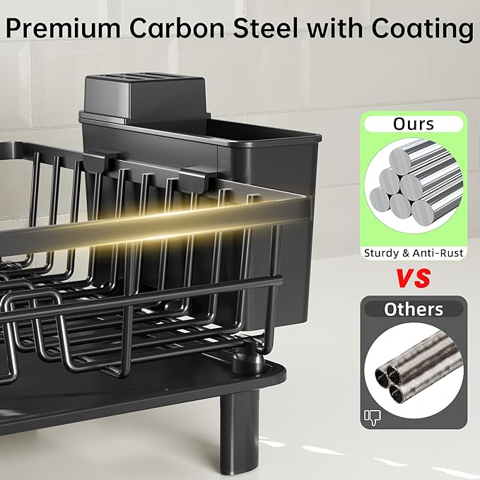 Dish Drying Rack, Dish Racks for Kitchen Counter, Detachable Dish Drainer with Drainboard, Utensil Holder, Cup Holder, Space Saving Kitchen Drying Rack for Small Home and Appartment, Black