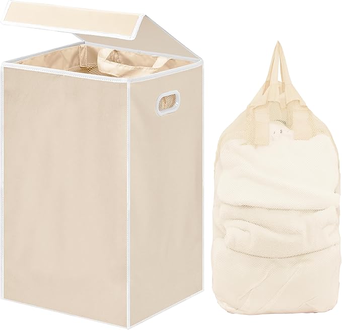 Simple Houseware Foldable Laundry Hamper Basket with Lid, Beige