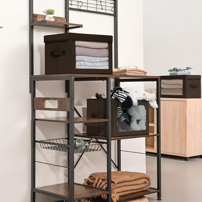 Stackable Storage Bins with Lids - Medium Storage Box with Lids, Foldable Closet Boxes for Organizing, Wardrobe Clothes Organizer with Window, Cubes Bins for Living Room, 5 Pack, Brown