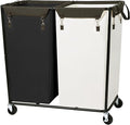 STO STO 280L Rolling Industrial Laundry Hamper with Wheels, 2-Compartment Extra Large Laundry Sorter, Heavy Duty Dirty Clothes Basket Cart with Metal Frame for Home or Commercial Use, Beige/Black