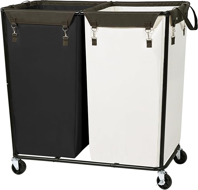 STO STO 280L Rolling Industrial Laundry Hamper with Wheels, 2-Compartment Extra Large Laundry Sorter, Heavy Duty Dirty Clothes Basket Cart with Metal Frame for Home or Commercial Use, Beige/Black