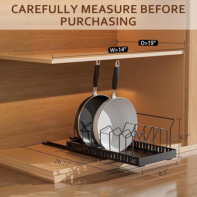 Pull-Out Pots and Pans Organizer, 2 Pack Under Cabinet Pot Lid Holder, Slide Lid Organizers Inside Cabinet, Pot Lid Organizer with 8 Adjustable Dividers & Handle Bracket - Black