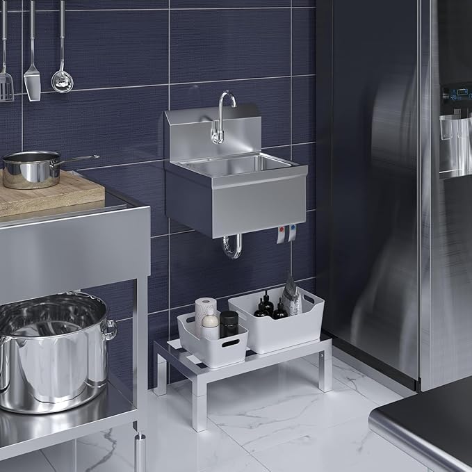 Stainless Steel Wall Mount Hand Sink with Gooseneck Faucet, Knee Pedals & Side Splash | 17" x 15" Commercial Basin for Kitchen or Janitorial Use, NSF (17" x 15" with Knee Pedals)