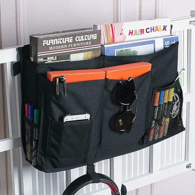 Bunk Bed Organizer, Bedside Storage Caddy, Hanging Pocket for Camp, Dorm Room, Hospital Bed Rail and More (Black)