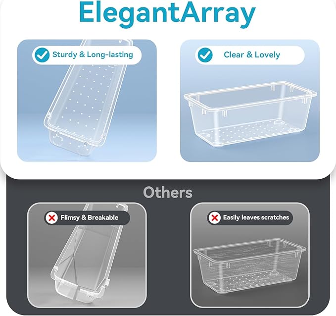 24 PCS Drawer Organizer Set, 4 Sizes Tool Storage Trays, Clear Plastic Makeup Vanity Organizer and Storage Bins for Makeup, Stationeries, Multiple Gadgets for Bathroom, Office, Bedroom