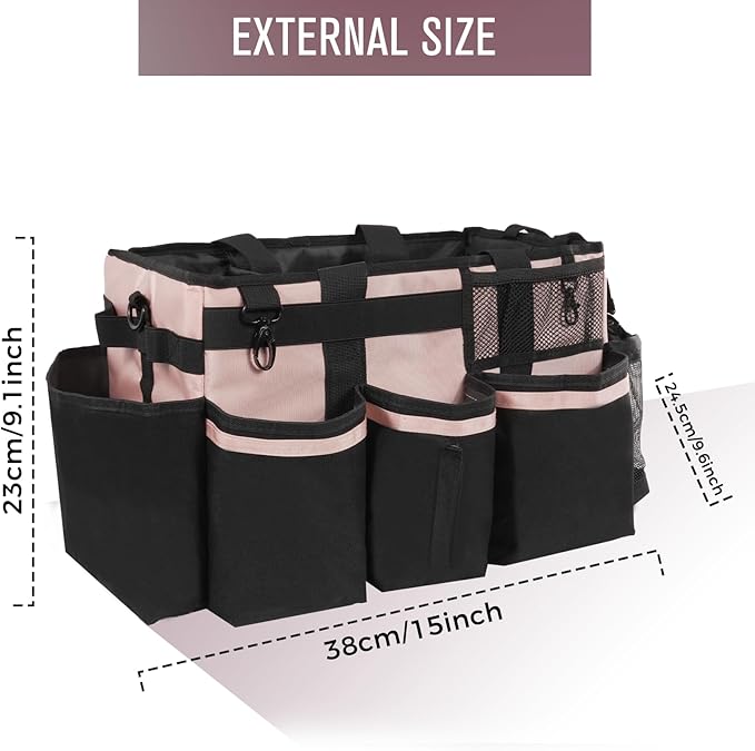 Wearable Cleaning Caddy, Cleaning Caddy Supplies Organizer with Handle & Shoulder Straps for Housekeepers, Under Sink & Car Cleaning Tool Organizers Bag with 4 Foldable Divider (Pink)