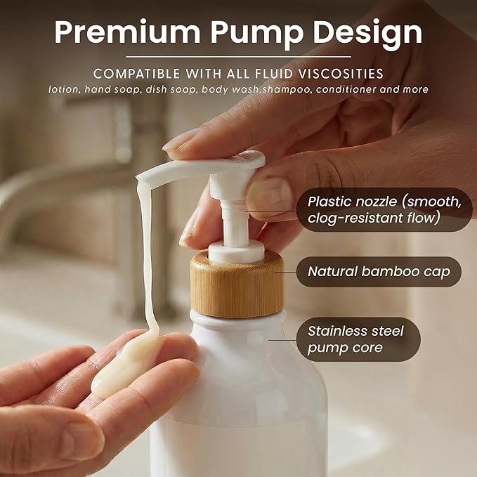 MaisoNovo Soap Dispenser Bathroom Set of 2-16.9 oz Bathroom Soap Dispenser Set - White Plastic Bottles x 2 with White Bamboo Pumps & Tray