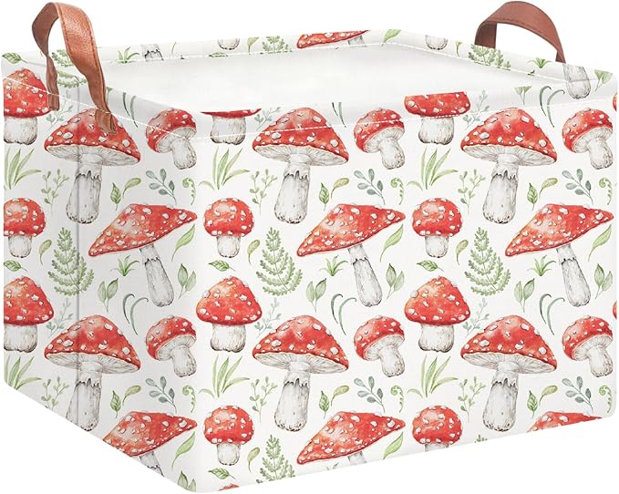 Rectangular Storage Basket Empty,Storage Bin with Handles,Room Decor,Gift Basket,Book Box(Watercolor Mushroom)