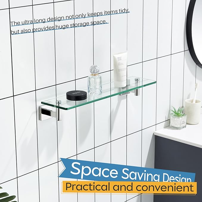 KOKOSIRI Bathroom Shelves Wall Mounted Floating Glass Shelf Polished Stainless Steel 20-Inch Kitchen Hanging Rack for Storage/Room Decor B1105CH-L20