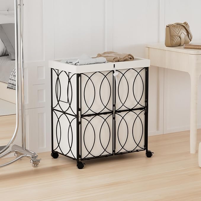 VIPLEO Laundry Hamper with 2 Section, Large 105L Rolling Laundry Basket with Wheels, Metal Heavy Duty Laundry Hamper with Detachable Bags, Dirty Clothes Hamper Organizer for Bedroom, Bathroom(Beige)