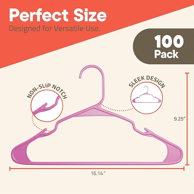 Pink Plastic Hangers 100 Pack– Heavy-Duty Plastic Hangers Slim and Space-Saving, Durable and Lightweight PP with Non-Slip Shoulder Notches for Slip Dresses, Suits, Jackets & Camisoles