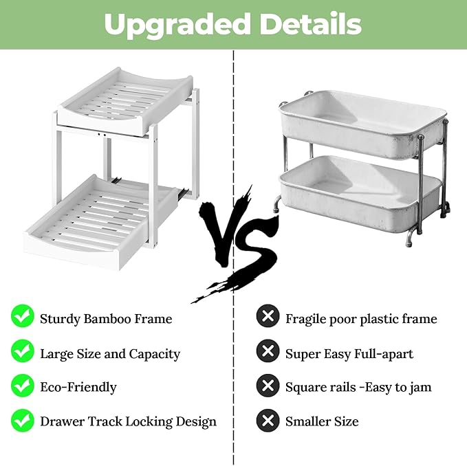 Bamboo Under Sink Organizer and Storage, 1 Pack Pull Out Cabinet Organization, 2 Tier Vertical Slide Out Undersink Storage Shelf, Multi-Purpose Organizer Shelves for Kitchen Bathroom Medicine, White