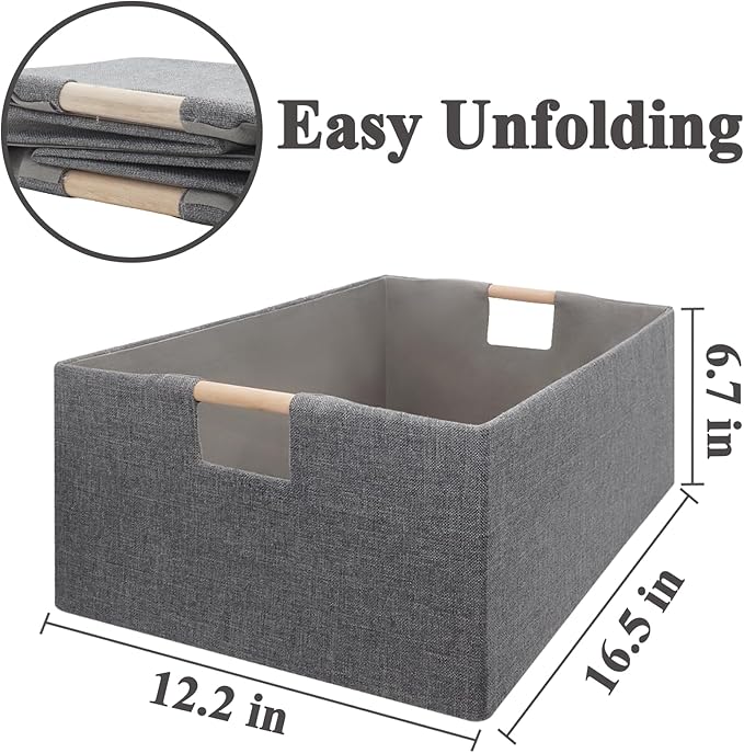 Foldable Fabric Storage Cubes, 2 Packs Cloth Storage Baskets with Wooden Handles, Collapsible Shelf Closet Organizer Bins, Rectangular Storage Boxes for Decor (Gray)
