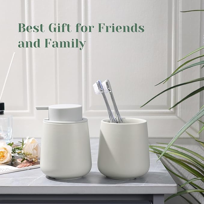 INGOFIN 12 oz Ceramic Toothbrush Holder, Toothpaste Holder and Cup for Bathroom Vanity and Countertop, Organizer for Cosmetic, Makeup, Office Pencils, for Hotel and Apartment, Light Grey