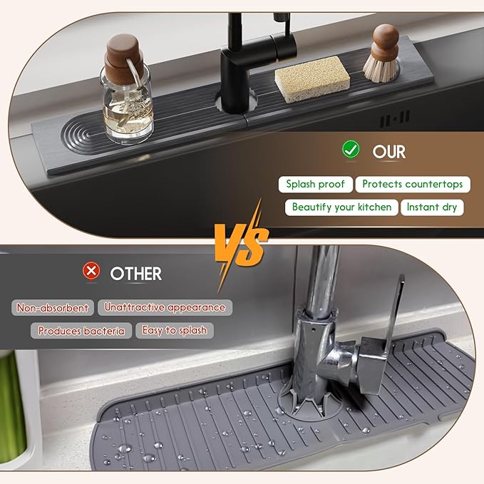 Faucet Mat for Kitchen Sink, Diatomite Quick Drying Tray , 15.8 Inch Kitchen Sink Splash Guard and Bathroom Stone Tray for Counter. Super Absorben.Deep Grey.