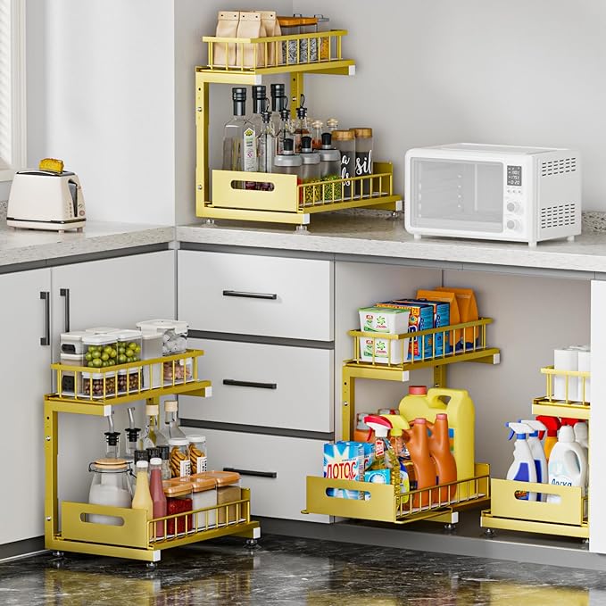 Under Sink Organizer, 2-Tier Premium Metal Pull-Out Racks with Adjustable Height, Heavy Duty Sliding Bin for Bathroom and Kitchen Cabinet Storage, Rust Resistant 1 Pack
