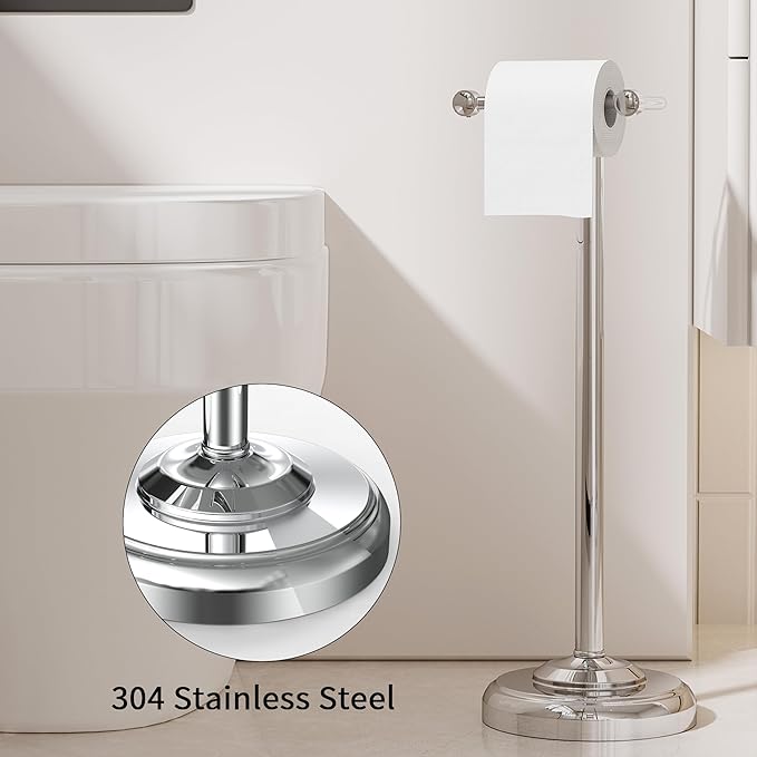 WZRUA Toilet Paper Holder Stand, Toilet Paper Holder Free Standing,Post Pivoting Design & Stable Weighted Base SUS304 Stainless Steel for Bathroom (Chrome)