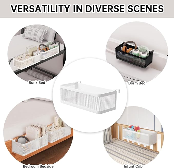 Bedside Caddy Shelf for Bunk Bed & Dorm, Adjustable Bunk Bed Caddy Holder for Top Bunk, Rails, Cribs, Bedside Shelf Organizer for Phone/Books/Drinks (White, L(L11in*W4.9in*H3.93in))