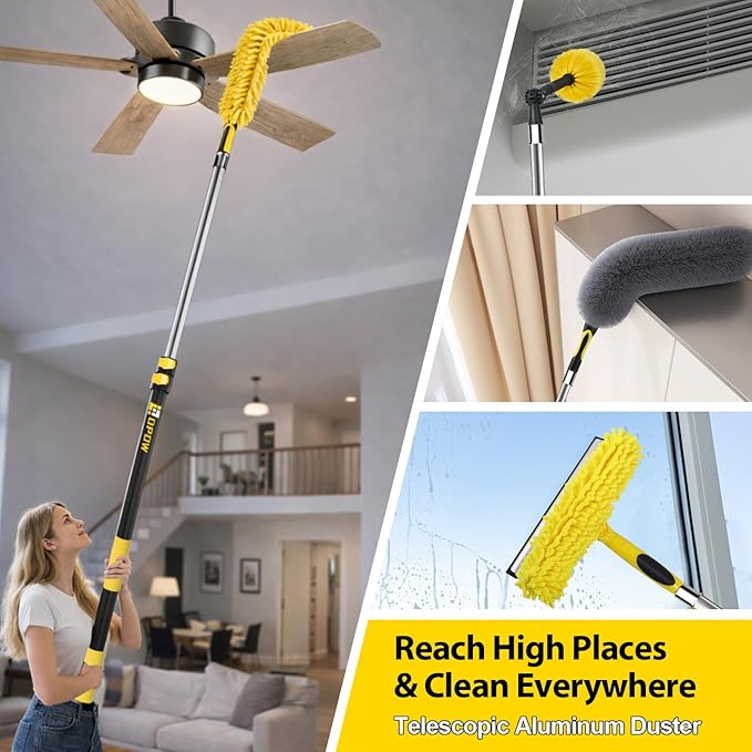 25 Foot High Ceiling Duster Kits with 5-18ft Heavy Duty Extension Pole, High Reach Duster for Cleaning,Microfiber Feather Duster,Cobweb Duster,Ceiling Fan Duster,Window Squeegee & Cleaner