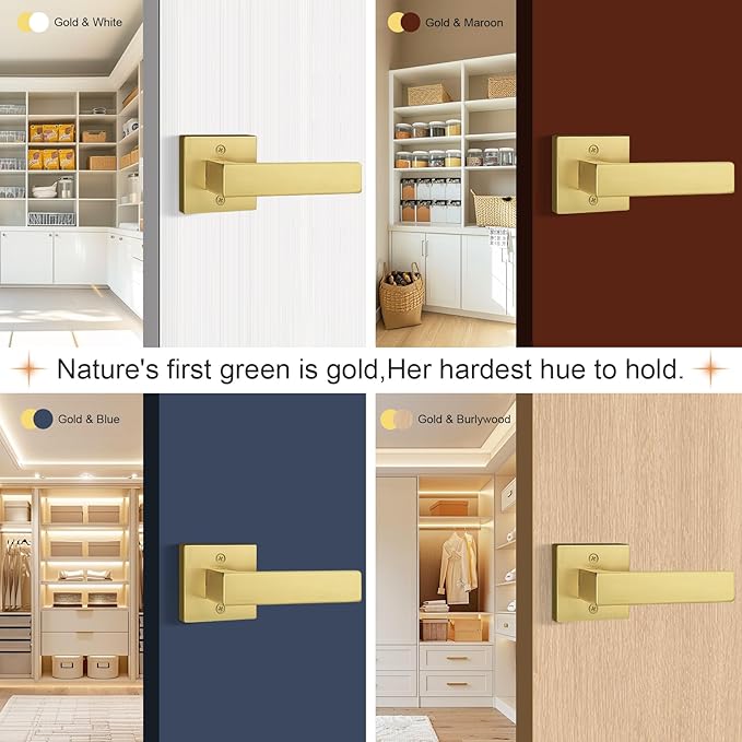 Probrico Brushed Gold Dummy Door Handle Interior Door Levers Square Single Non-Turning Satin Brass Door Handles Hardware for French Door, 4 Pack