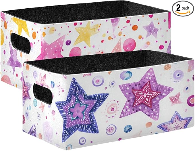 Watercolor Stars and Dots Closet Storage Bins 2 Pcs Felt Open Home Storage Containers Organizer with Handles Collapsible Shelf Basket for Home Office Craft Room Classroom Fabric
