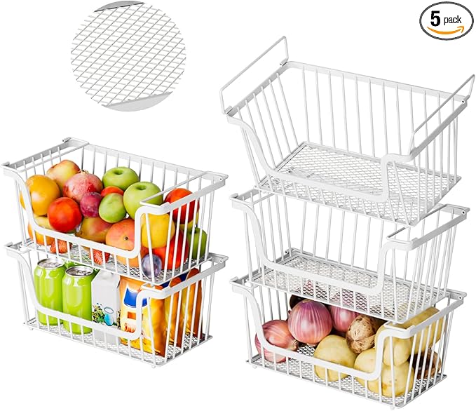 5 Pack Enhanced Leak-Proof Bottom Stackable Wire Baskets, Pantry Organizers and Storage, pantry storage，Shelf Baskets, Fruit Basket, Potato and Onion Storage Bins，(White)