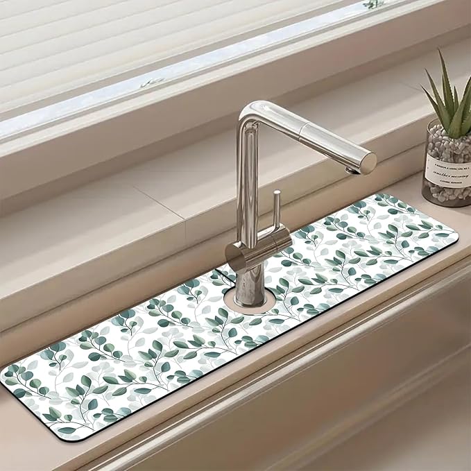 Sink Faucet Absorbing Mat Green Eucalyptus Leaf Sink Splash Guard Drying Mat for Kitchen Bathroom Faucet Sinkmat 23.5"X5.5"