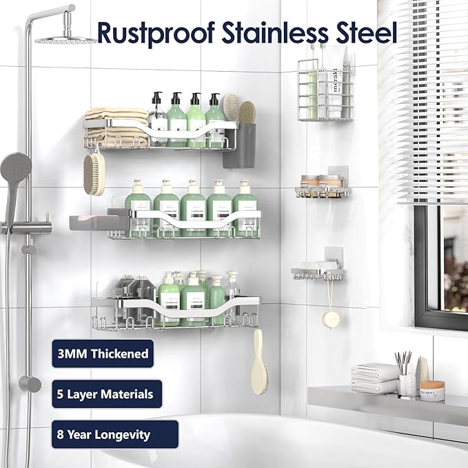 Shower Caddy Adhesive Shower Organizer 8-Pack, Rustproof Stainless Steel Bathroom Shelves, Large Capacity No-Drill Rack Storage Accessories with Soap Dish Toothbrush Holder Hooks