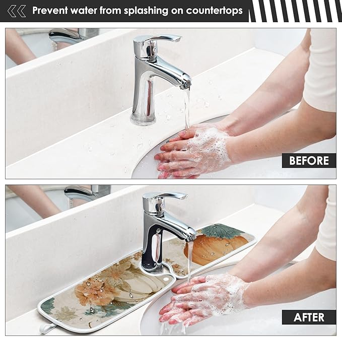 Sink Faucet Absorbing Mat Kitchen Sink Splash Guard Splash Faucet Drip Catcher for Bar RV Bathroom 2PCS 30x5.5in Orange Thanksgiving Vintage Pumpkin