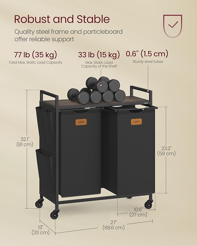 VASAGLE Laundry Hamper, Laundry Sorter Rolling Cart with Shelves, Small Side Pockets, 6 Labels, 2 Compartments, 26.4 Gal. (100 L), Ink Black and Ash Brown UBLH222BH01