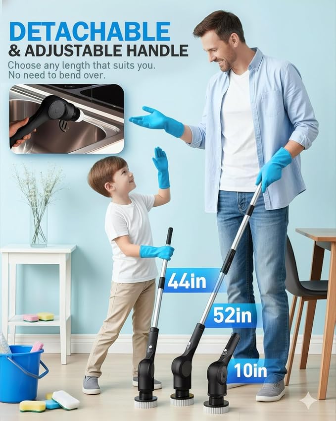 Electric Spin Scrubber, 3-Speed Cordless Shower Scrubber with Long Handle & 10 Replaceable Brush Heads, 90 Mins Runtime & Full-Body IPX7 Waterproof Shower Cleaner Brush for Bathroom Kithchen